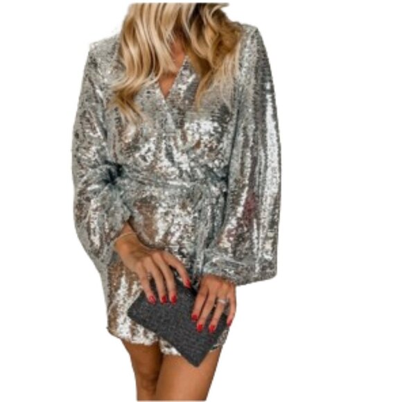 Buddy Love Dresses & Skirts - Buddy Love NWT Lynlee Sequin Wrap Dress in Silver XS